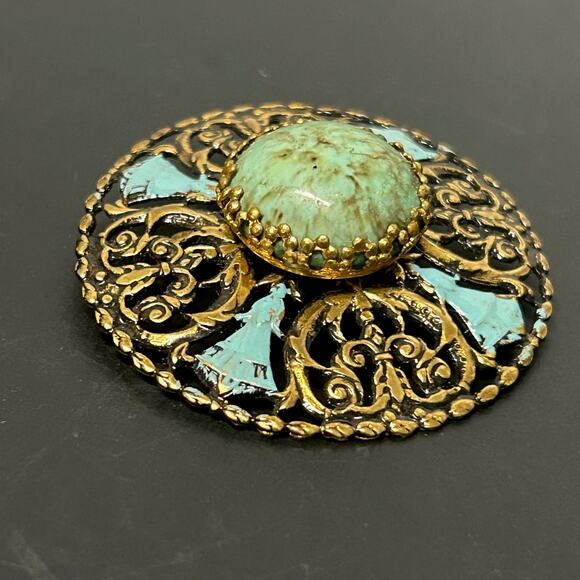 Antique Art Deco Brooch Filigree Faux Turquoise Stone Enamel Accents W. Germany - Picture 2 of 4